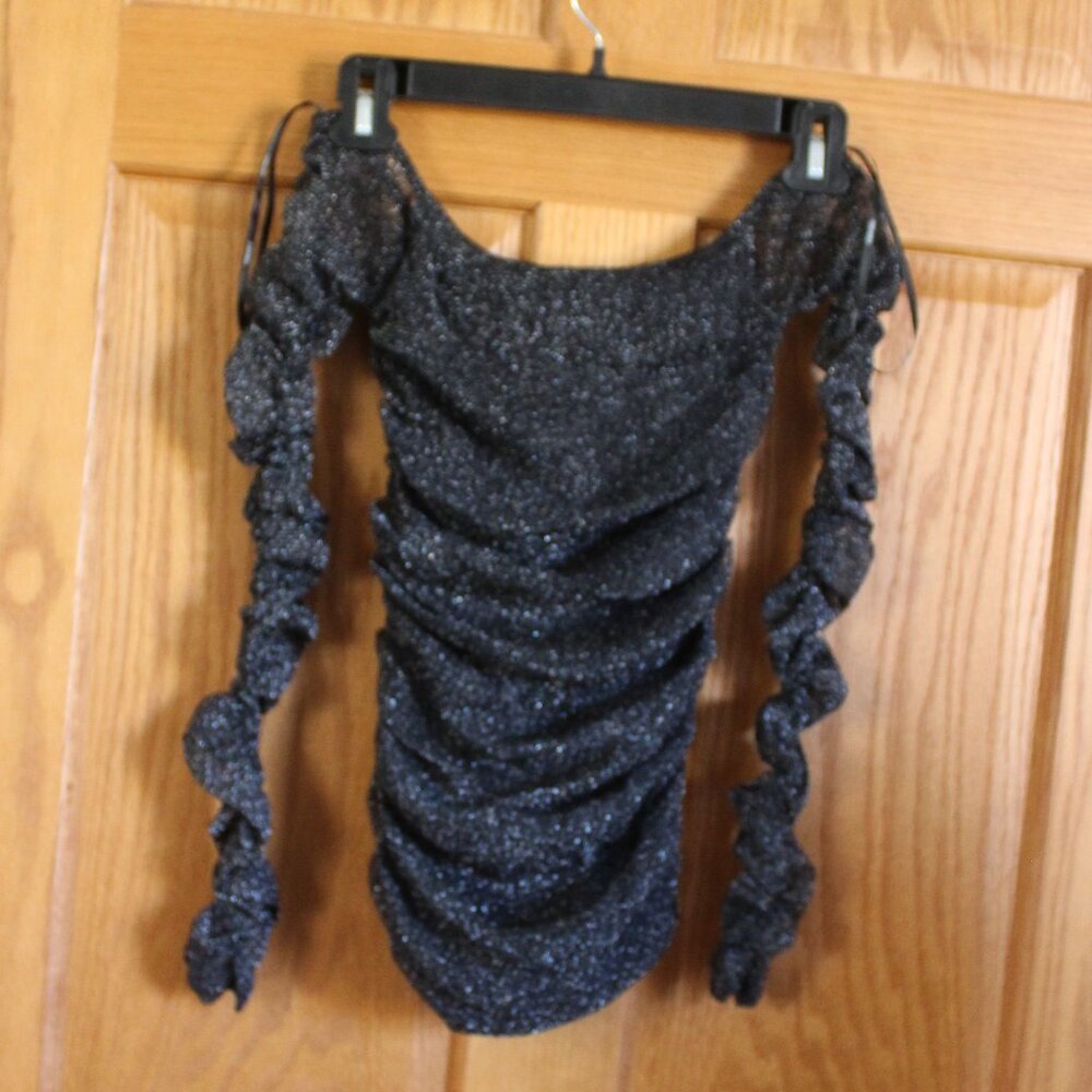Forever 21 - Size Small - Black with Silver Glitter Top w/ Ruched Long Sleeve